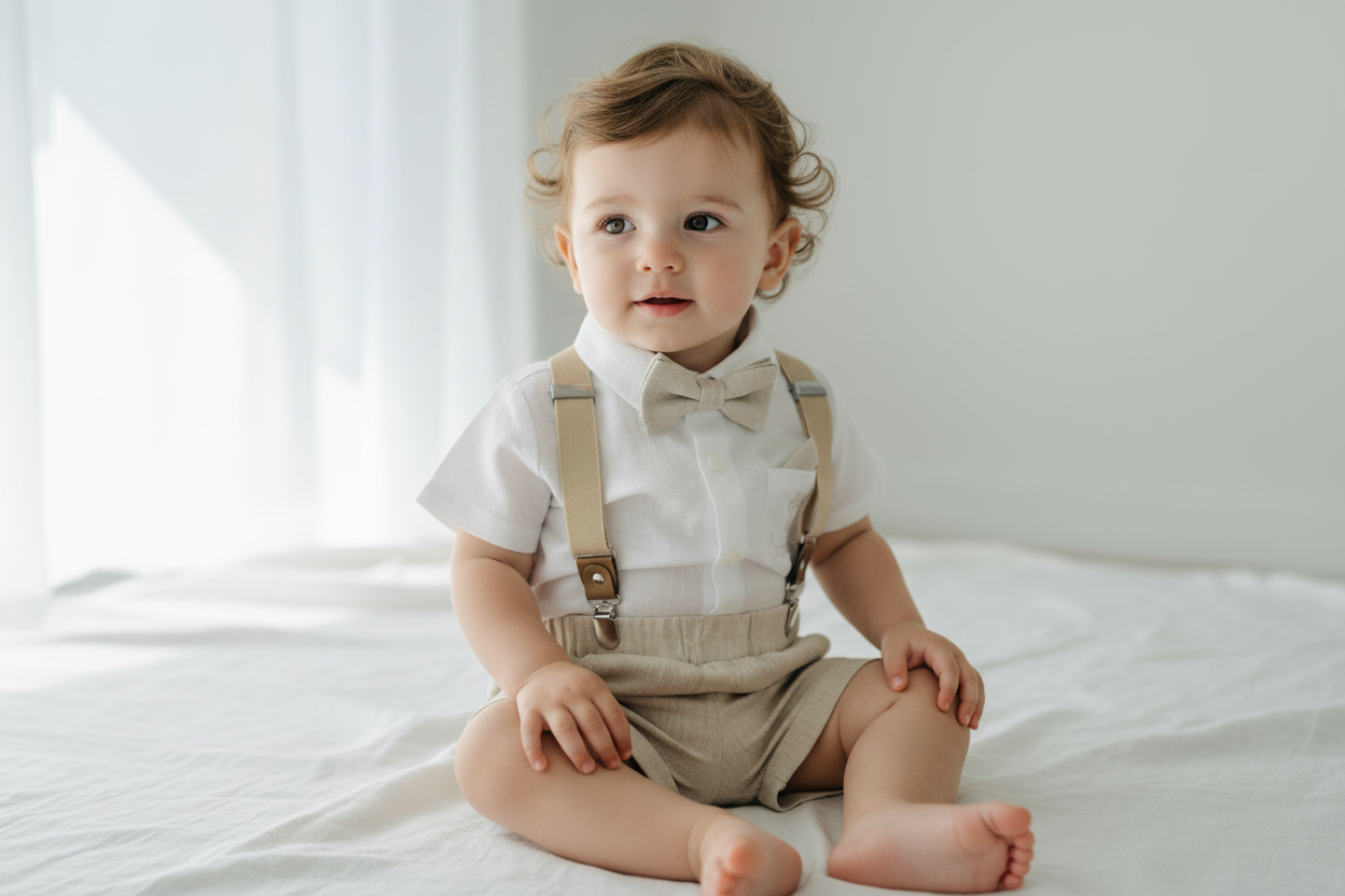 Beige Linen Baptism outfit with suspender shorts, shirt, and bow tie plus optional jacket and embroidery