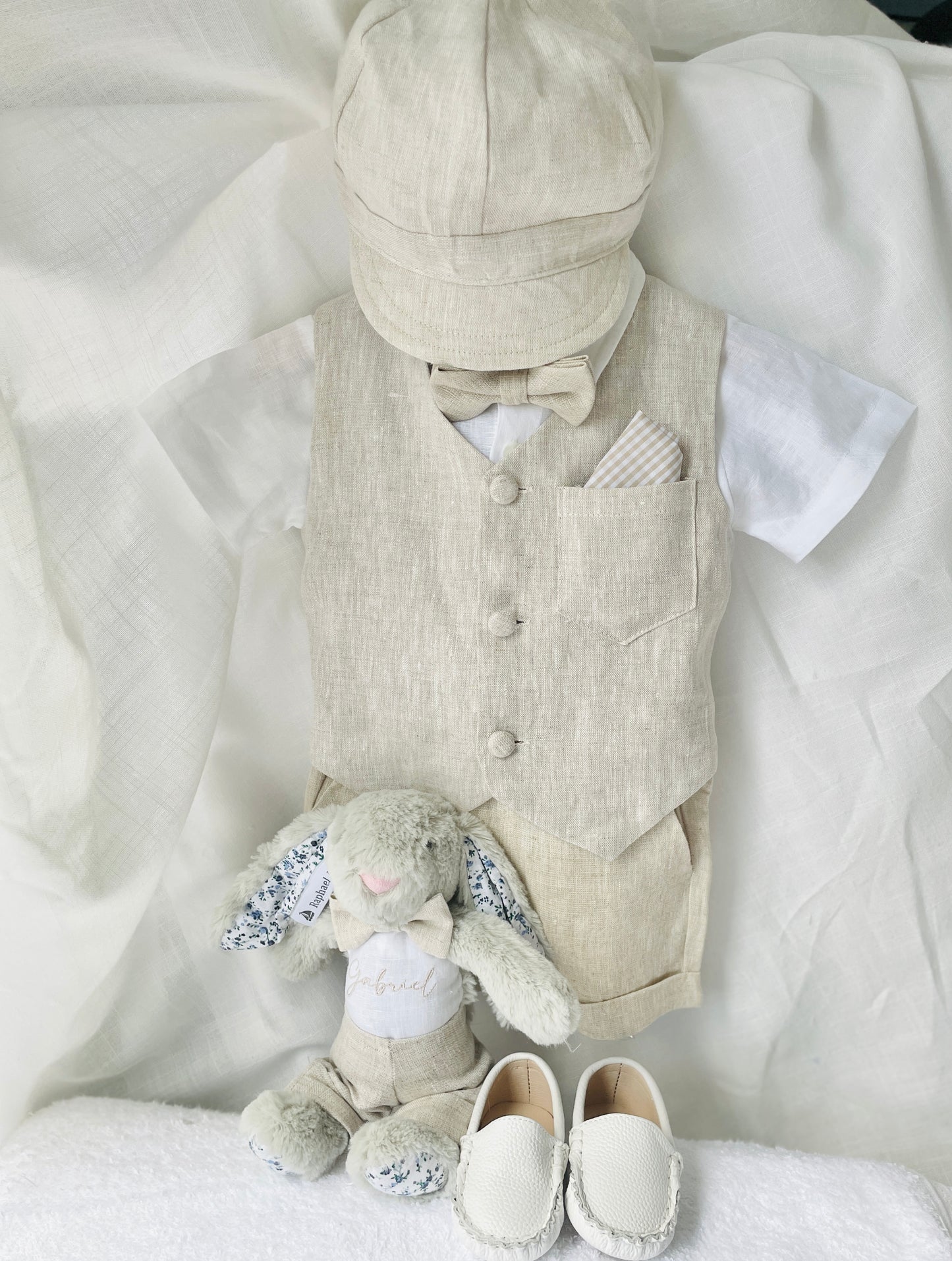 Beige Linen Shorts Shirt Suspenders and Vest set with Optional Cap Jacket and Embroidery