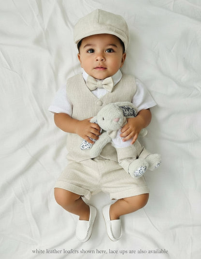 Beige Linen Shorts Shirt Suspenders and Vest set with Optional Cap Jacket and Embroidery
