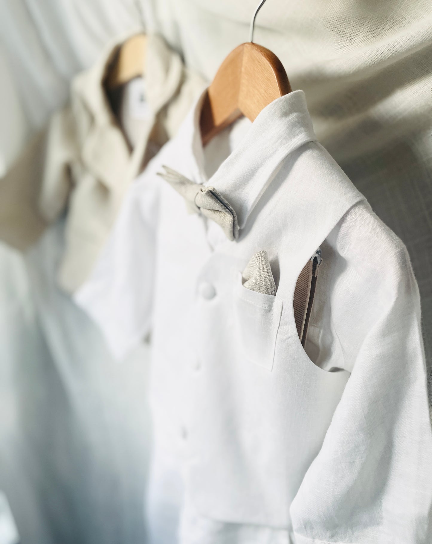 Boys White and Beige linen set with vest, shirt, pants, suspenders and bowtie plus optional jacket, cap and shoes