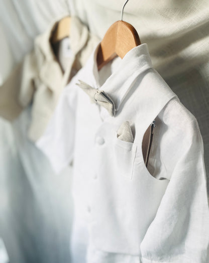 White linen vest suit with beige linen jacket and accessories