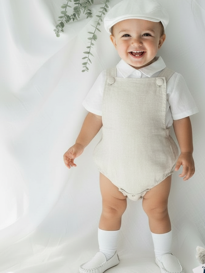 Beige and white linen and cotton baptism romper and linen shirt set