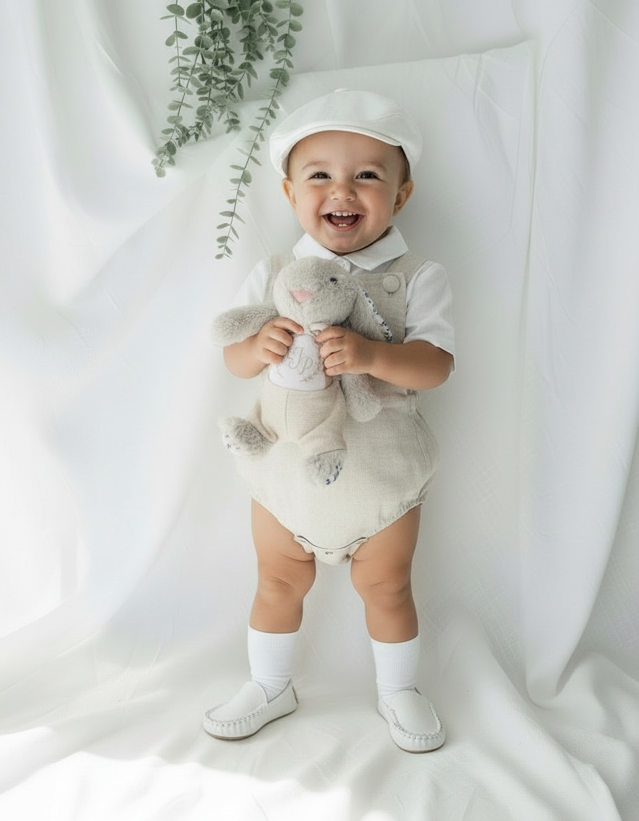 Beige linen baptism romper and shirt set