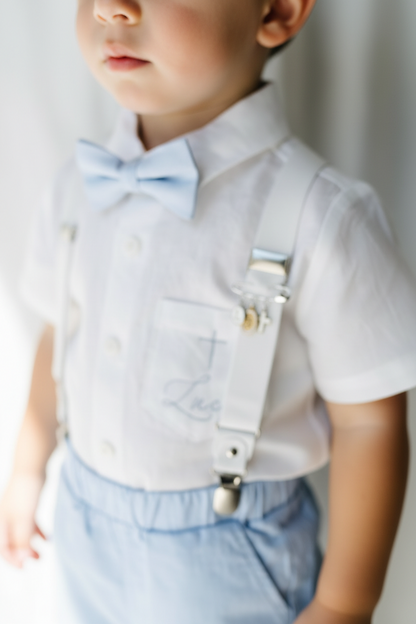 Boys pale blue and white set with vest, pants, linen shirt, bowtie and suspenders, plus optional jacket cap and shoes