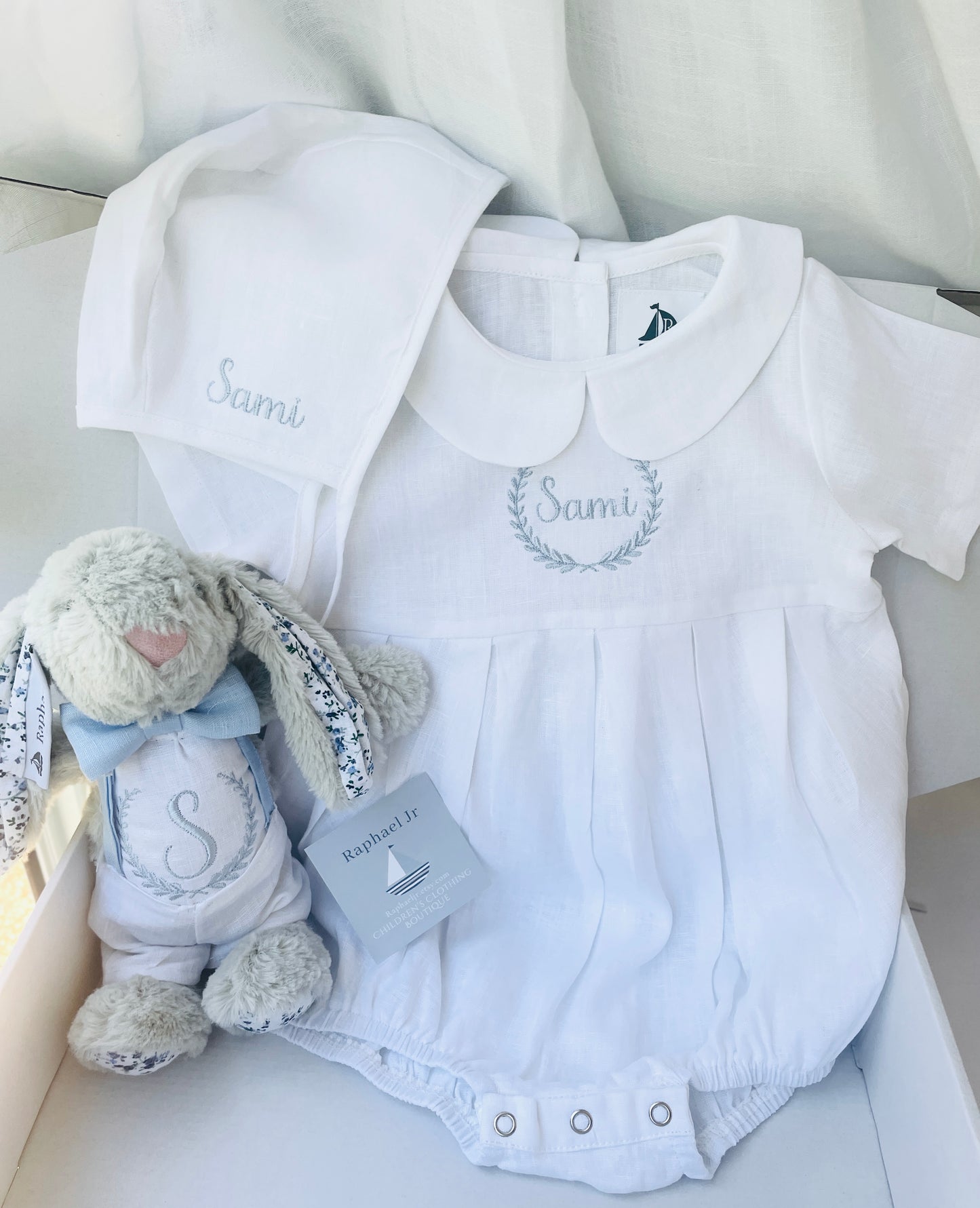 Linen Baptism peter pan collar romper outfit with optional embroidery customisation