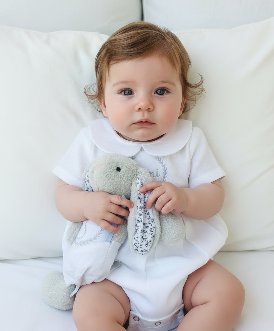 Linen Baptism peter pan collar romper outfit with optional embroidery customisation