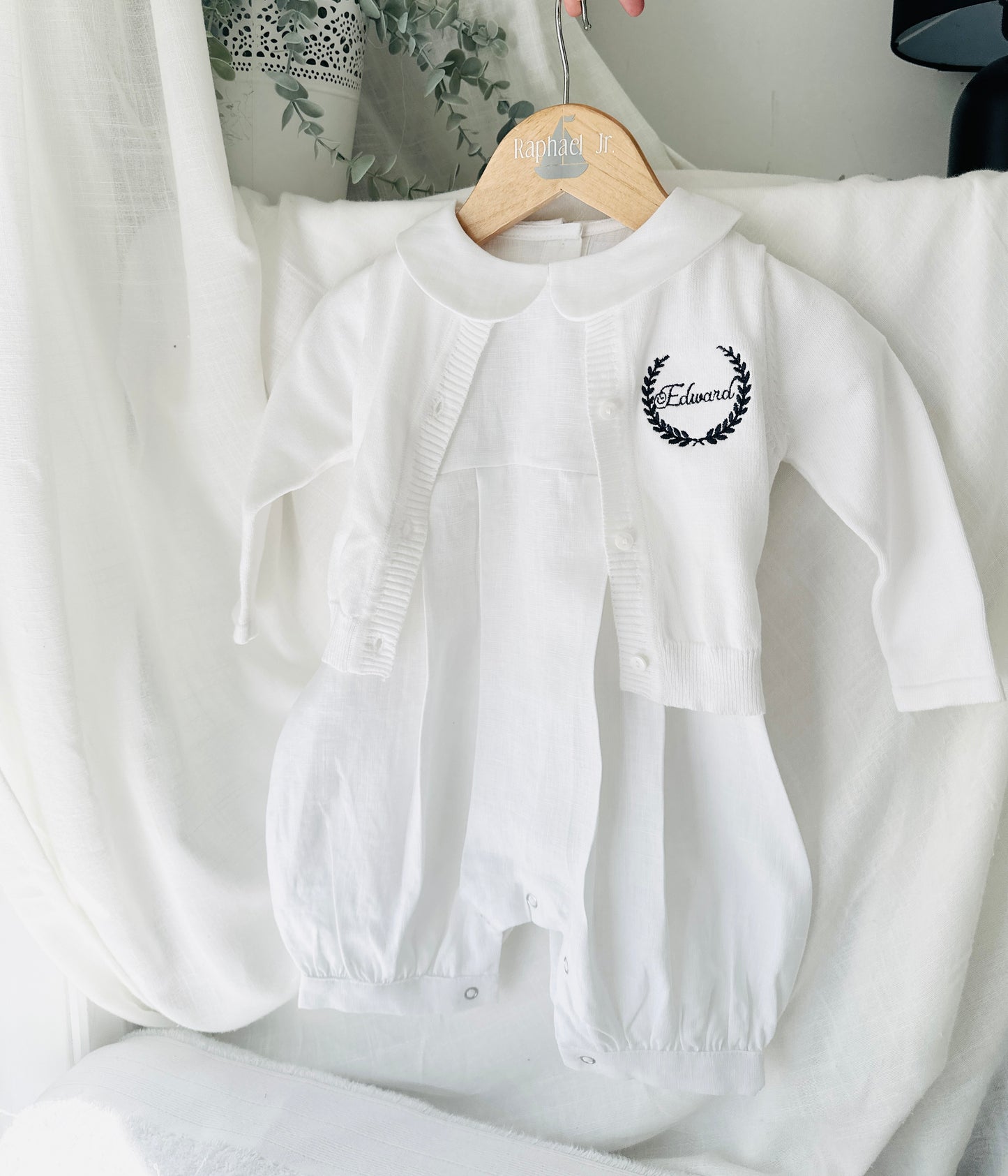 Linen Baptism romper dungaree jumpsuit with optional cardigan and embroidery