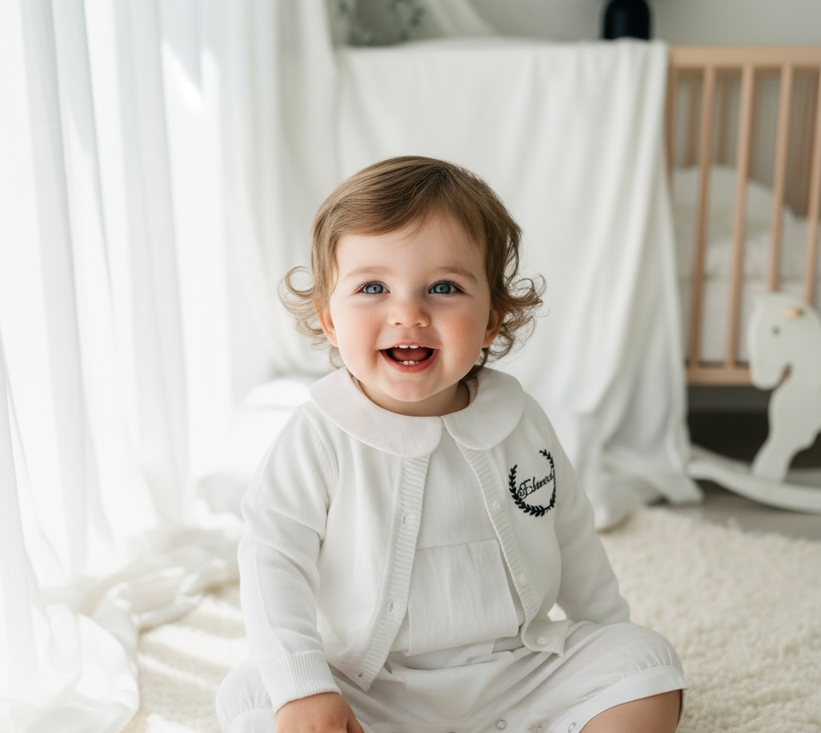 Linen Baptism romper dungaree jumpsuit with optional cardigan and embroidery