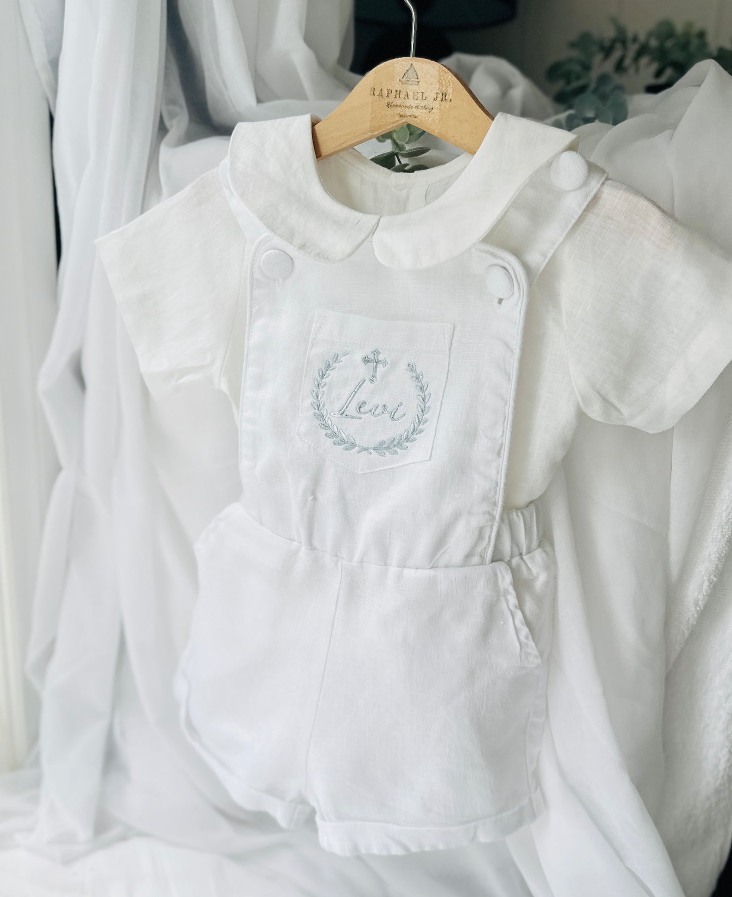 Boys white pure linen overalls suspender shorts with optional linen blouse and embroidery