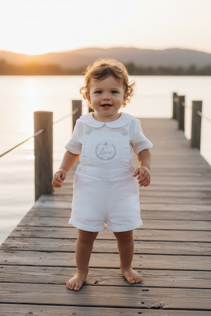 Boys white pure linen overalls suspender shorts with optional linen blouse and embroidery