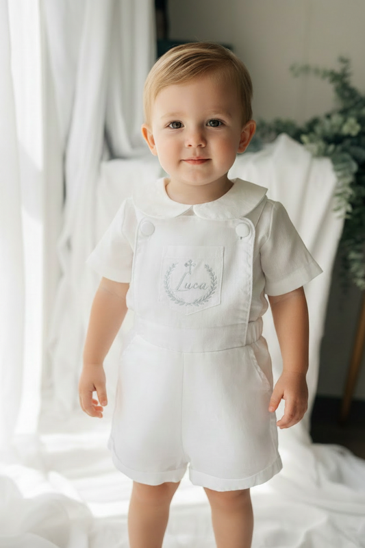 Boys white pure linen overalls suspender shorts with optional linen blouse and embroidery