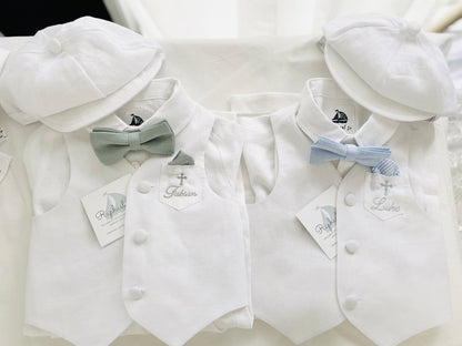Baby and Toddler Boys white linen outfit with vest, shirt, pants, suspenders and bowtie plus optional blue blazer