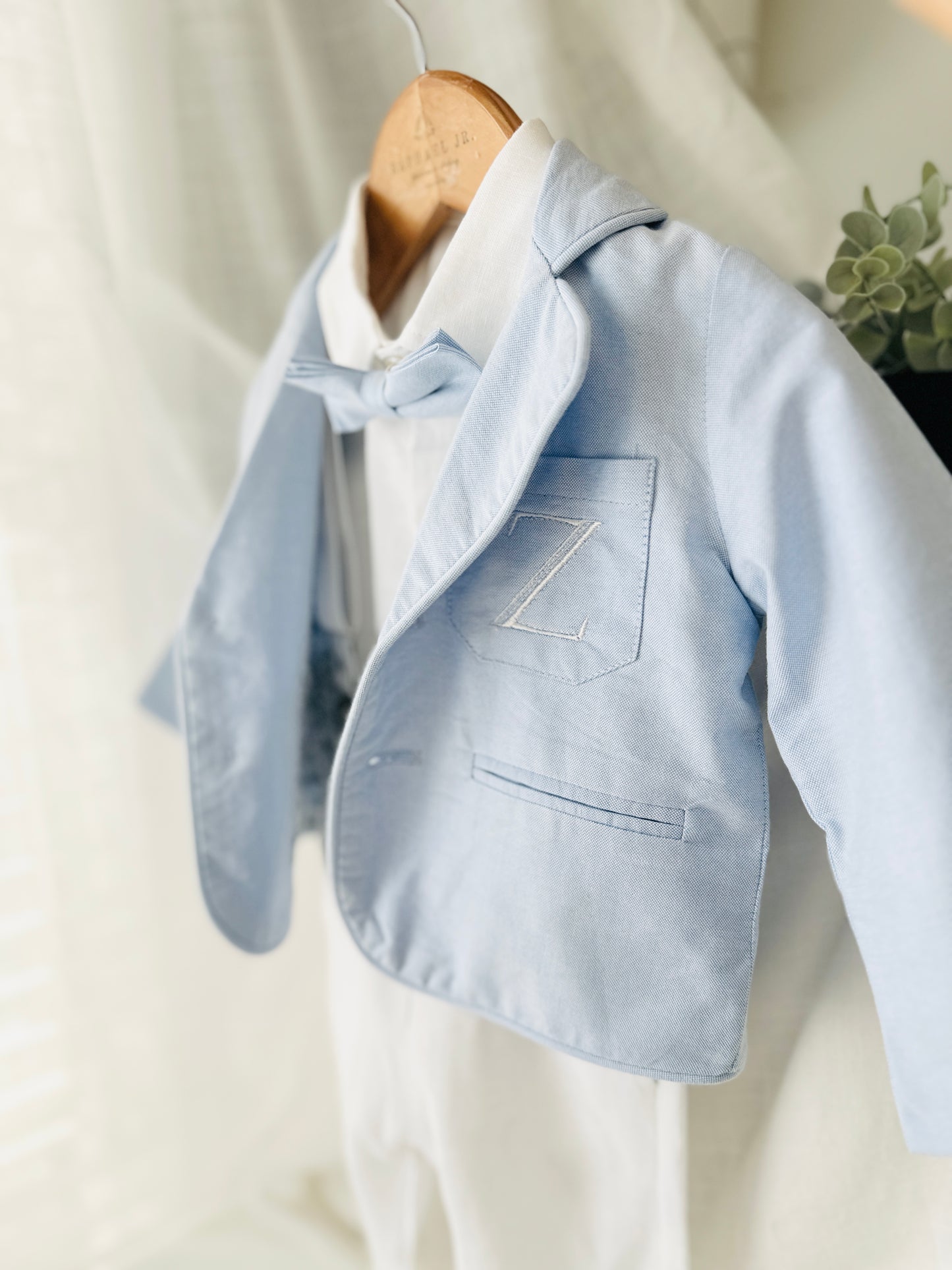 Boys Pale Blue chambray Jacket and beige Linen pants suit