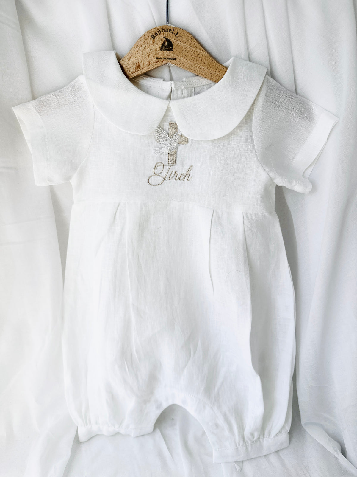 Linen Baptism 3/4 length jumpsuit romper with optional cardigan and embroidery