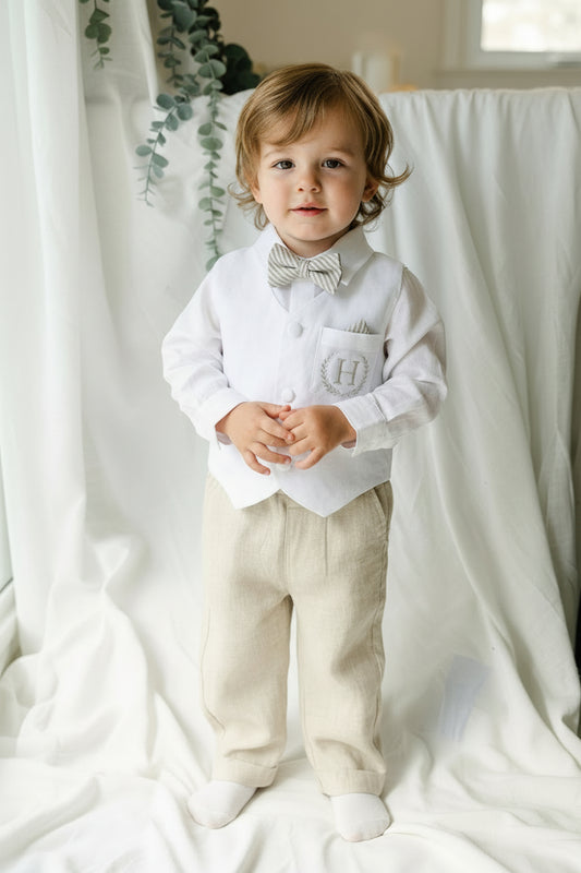 Boys white and beige linen set with vest, shirt, pants, suspenders and bowtie