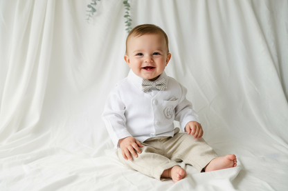 Boys white and beige linen set with vest, shirt, pants, suspenders and bowtie