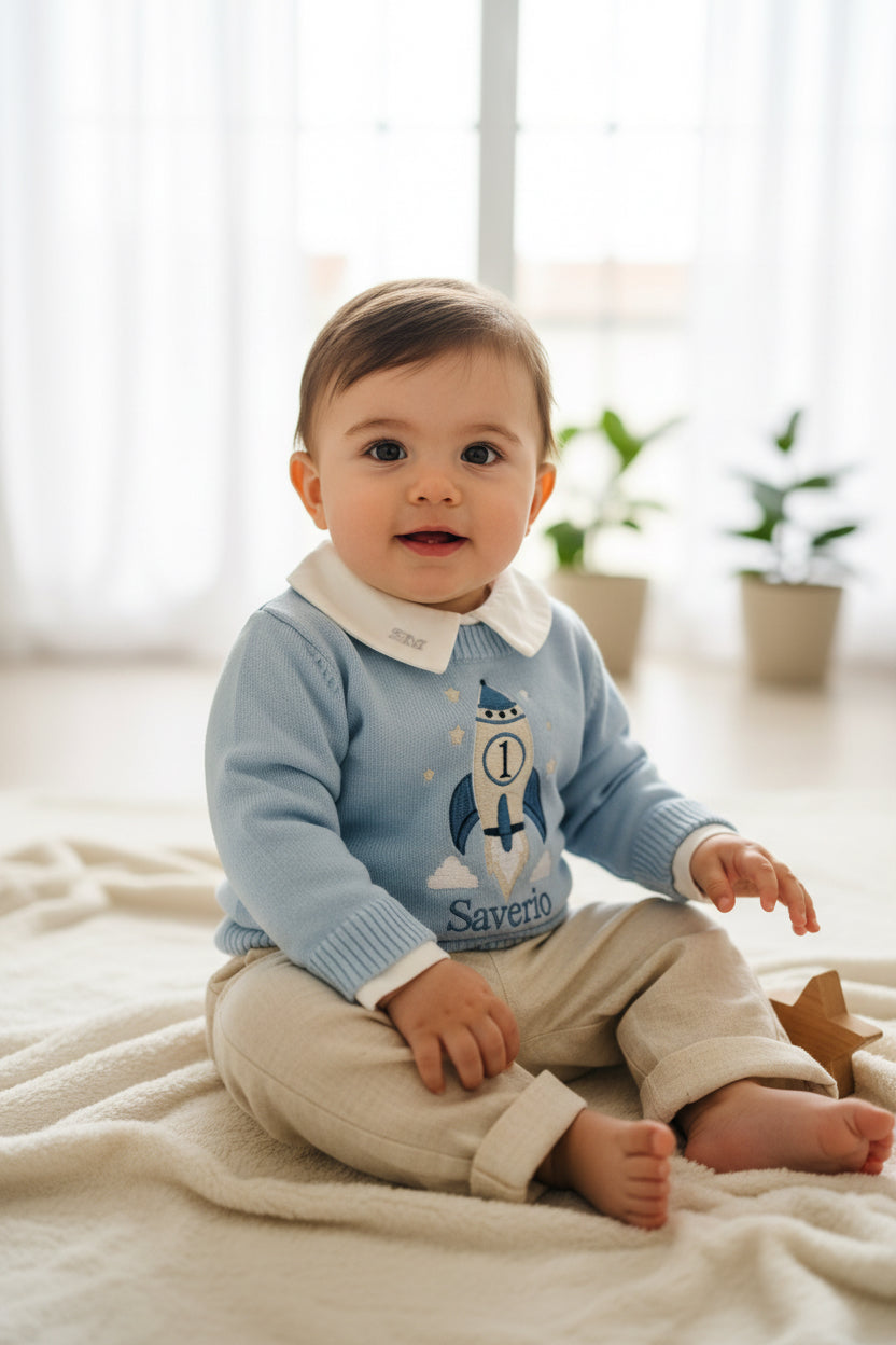 Birthday outfit with cotton onesie and embroidered jumper and linen pants