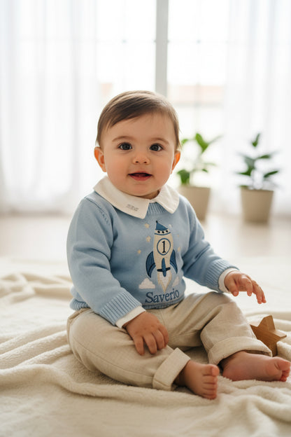 Birthday outfit with cotton onesie and embroidered jumper and linen pants