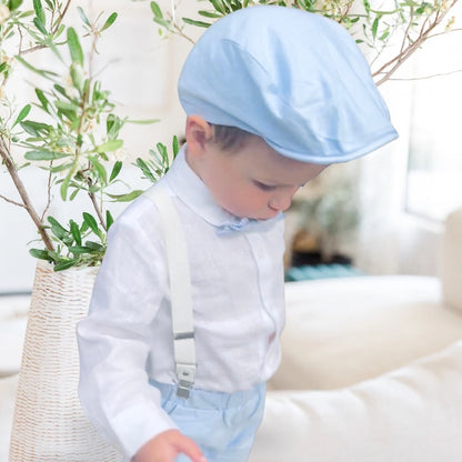 Blue chambray set with blue pants, white linen shirt, white, blue or beige suspenders and blue bow tie