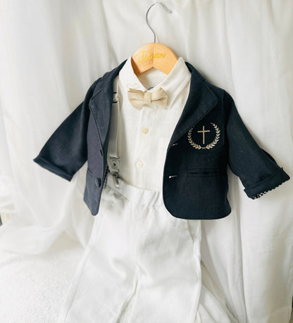 Navy blue and white linen boys formal baptism or wedding suit