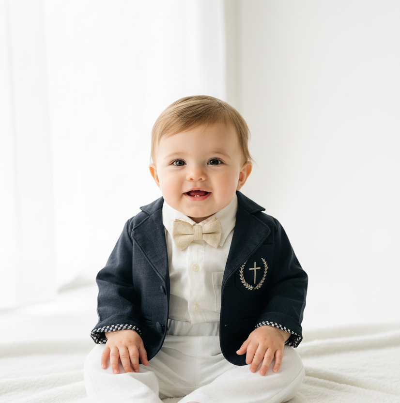 Navy blue and white linen boys formal baptism or wedding suit