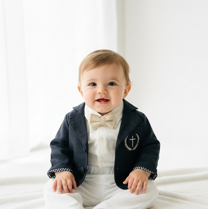 Navy blue and white linen boys formal baptism or wedding suit