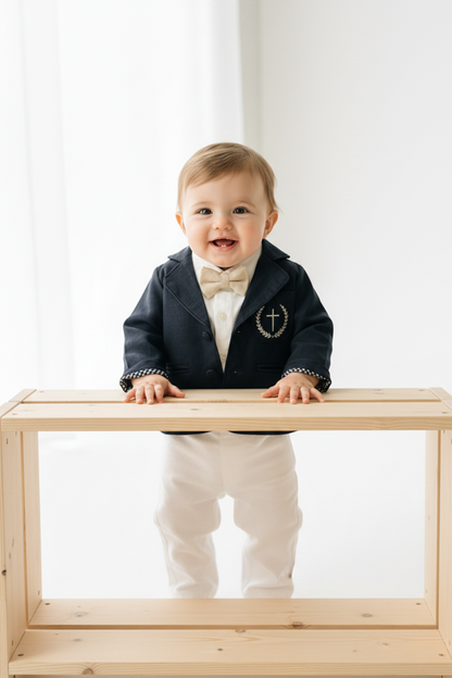 Navy blue and white linen boys formal baptism or wedding suit