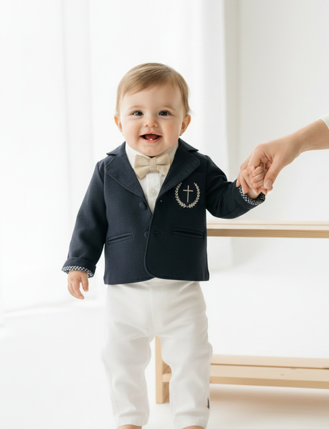 Navy blue and white linen boys formal baptism or wedding suit