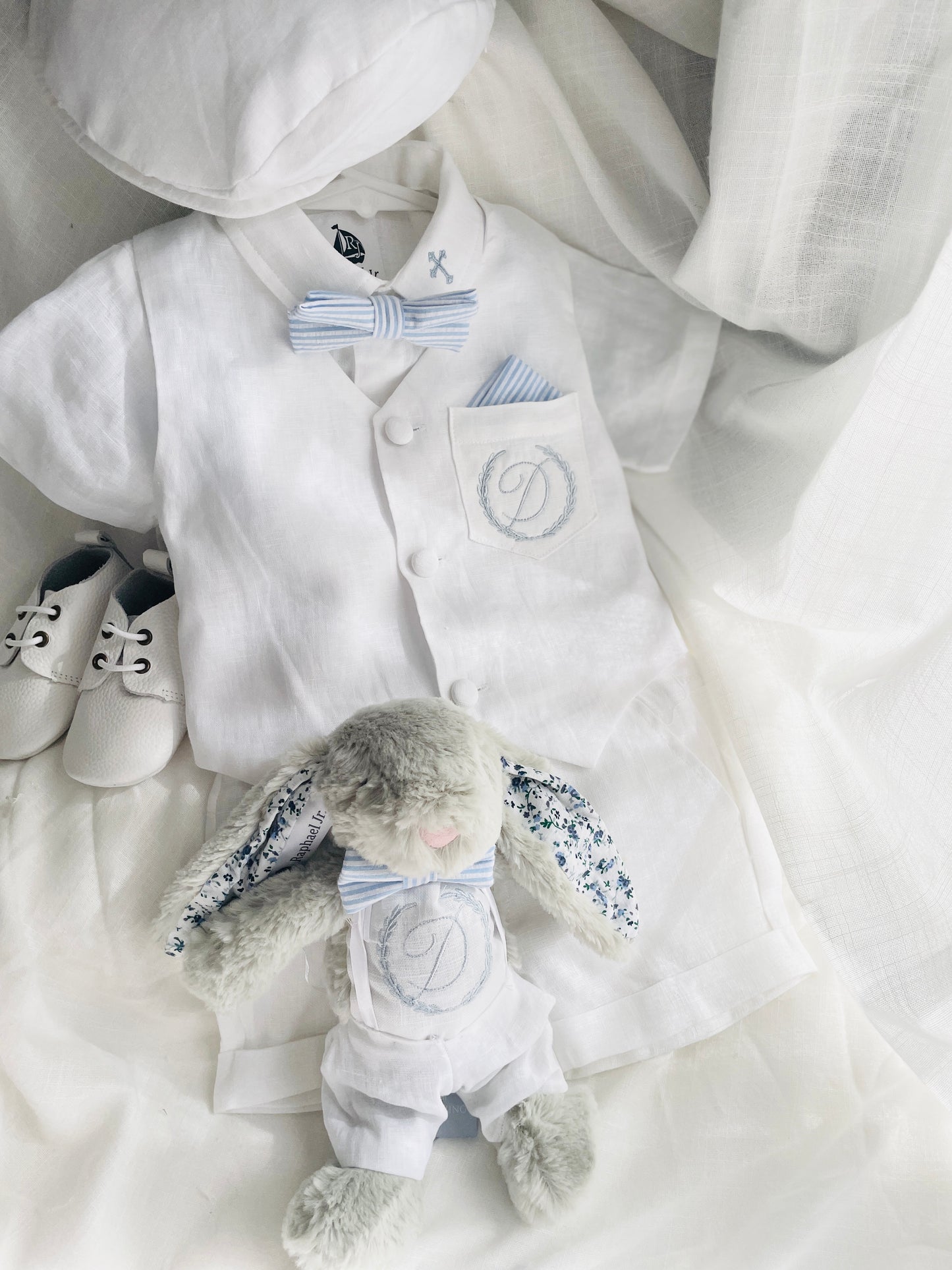 Baby and Toddler Boys white linen summer set with vest, shirt, shorts, suspenders and bowtie