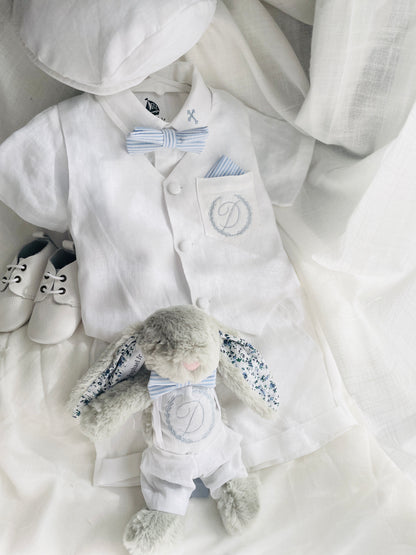 White linen Baptism vest set with shirt, suspender shorts, bowtie and optional embroidery cap and shoes