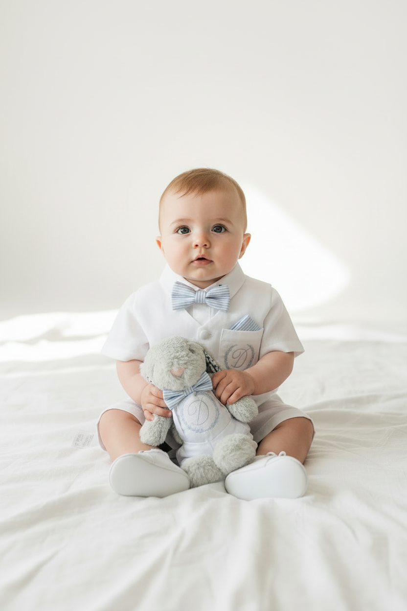 White linen Baptism vest set with shirt, suspender shorts, bowtie and optional embroidery cap and shoes