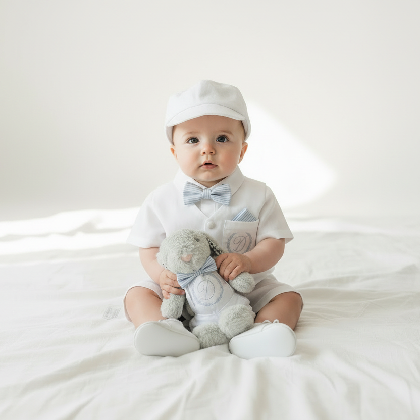 White linen Baptism vest set with shirt, suspender shorts, bowtie and optional embroidery cap and shoes