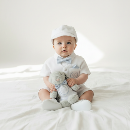 White linen Baptism vest set with shirt, suspender shorts, bowtie and optional embroidery cap and shoes