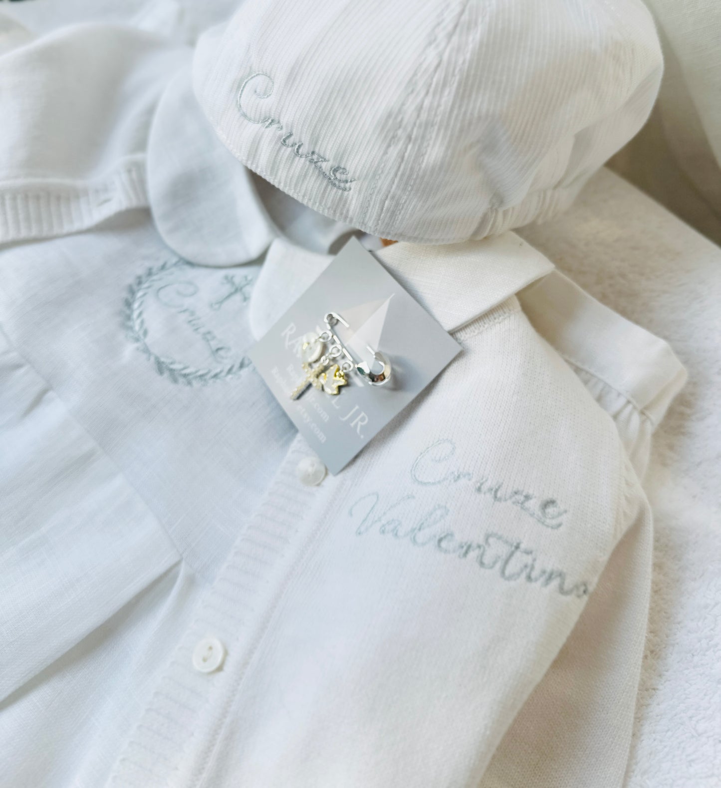 Linen Baptism 3/4 length jumpsuit with optional cardigan and embroidery