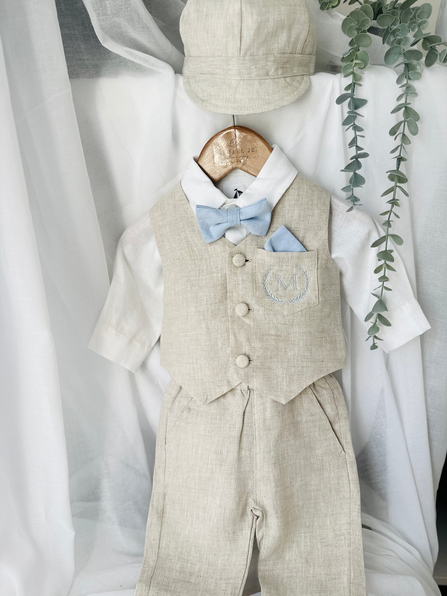 Beige Linen vest suit, shirt, pants, suspenders and bowtie plus optional jacket, cap and shoes