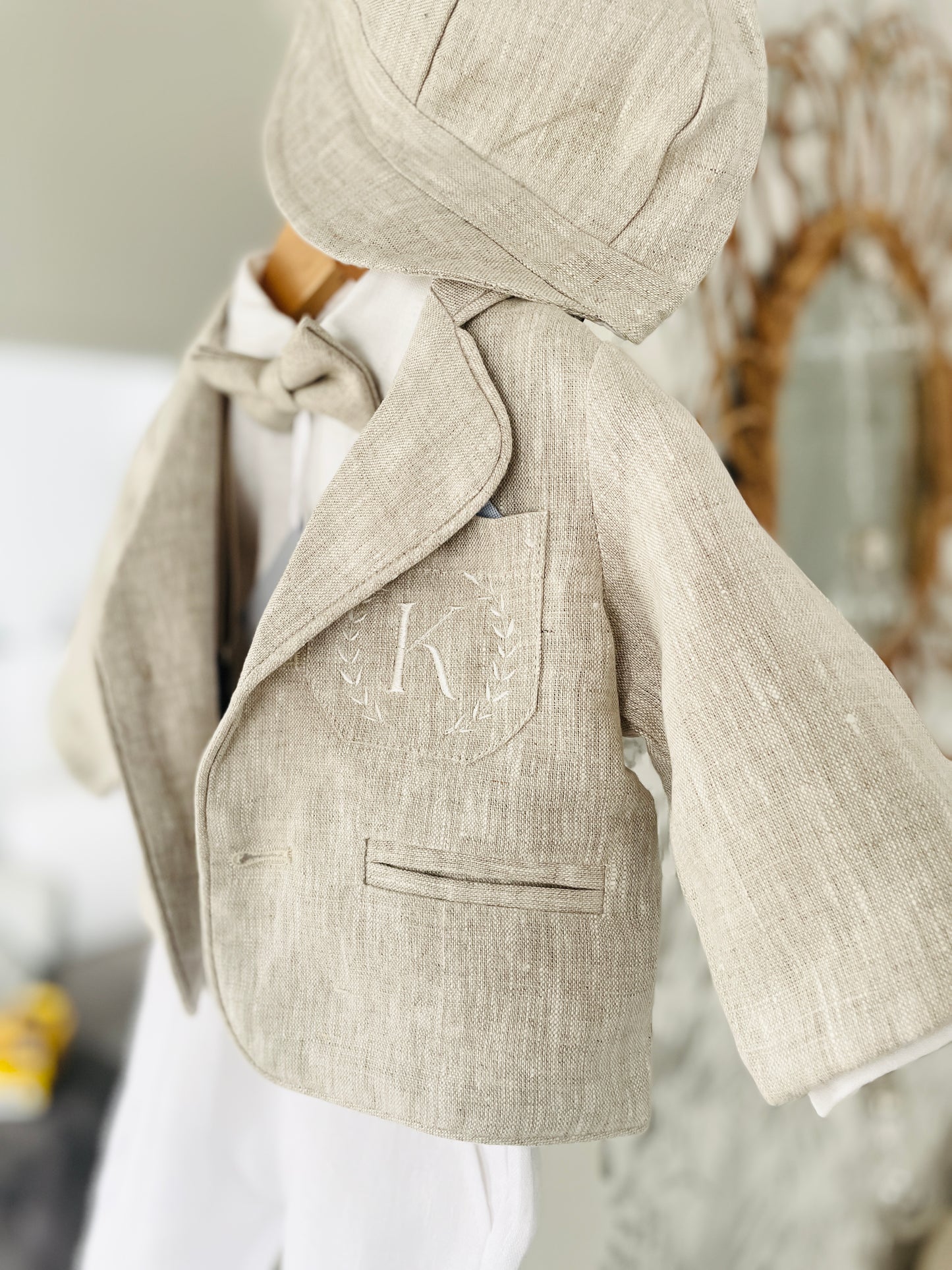 Beige linen kids Baptism or Wedding Suit with Accessories and Embroidery Available