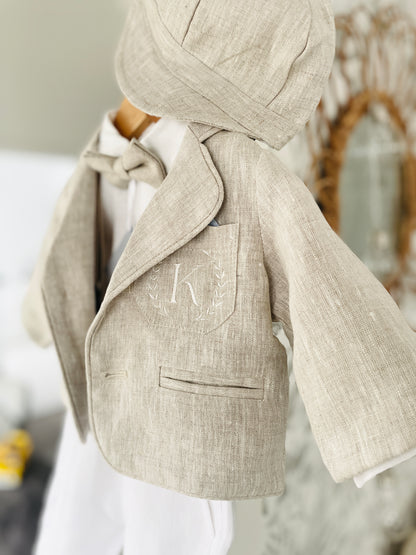 White and Beige Linen Set with optional Jacket Accessories and Embroidery