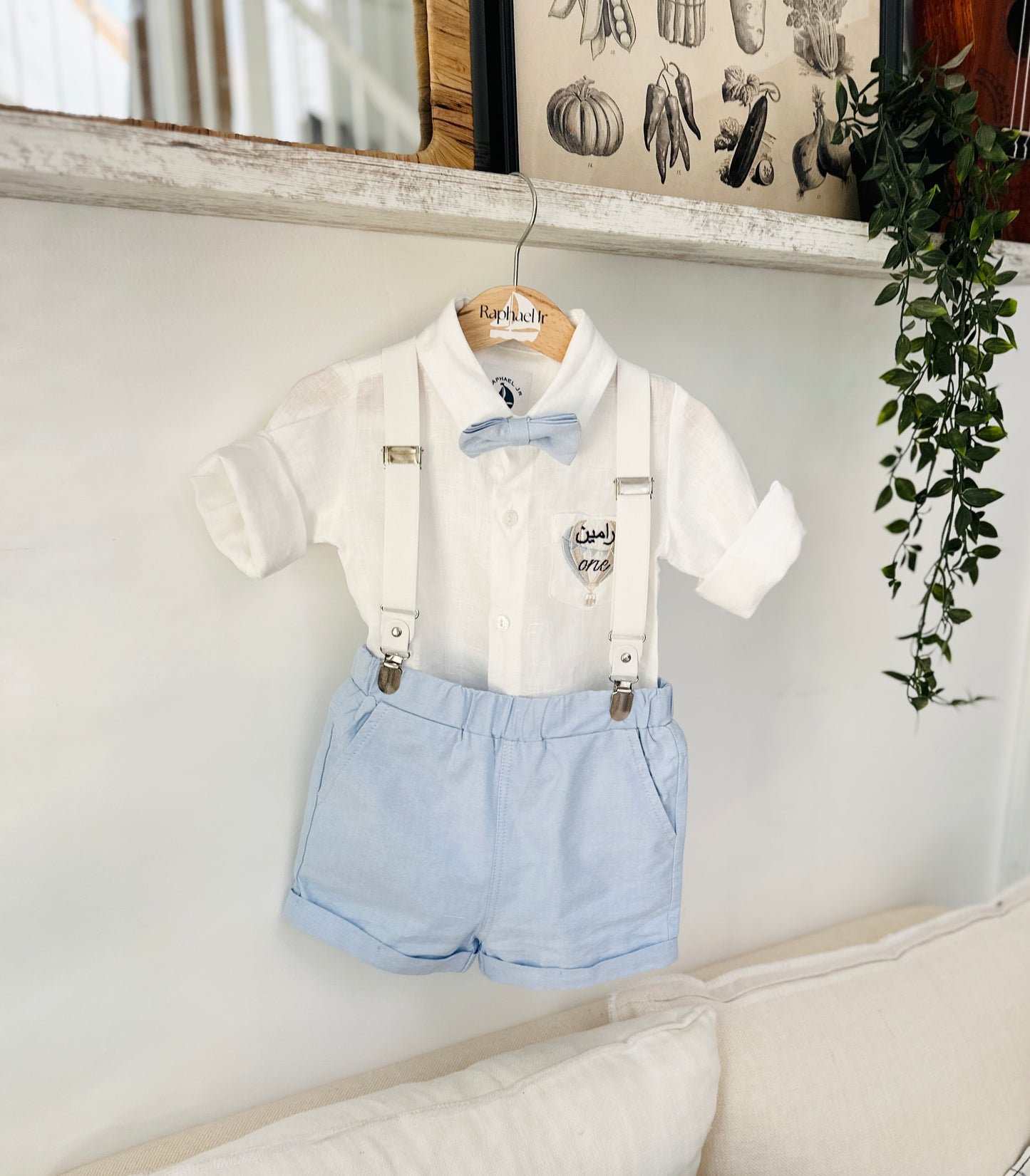 Light Blue summer first birthday set with shorts, shirt, suspenders and bow tie plus optional extras