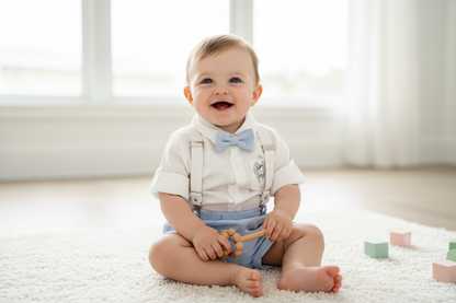 Light Blue summer first birthday set with shorts, shirt, suspenders and bow tie plus optional extras