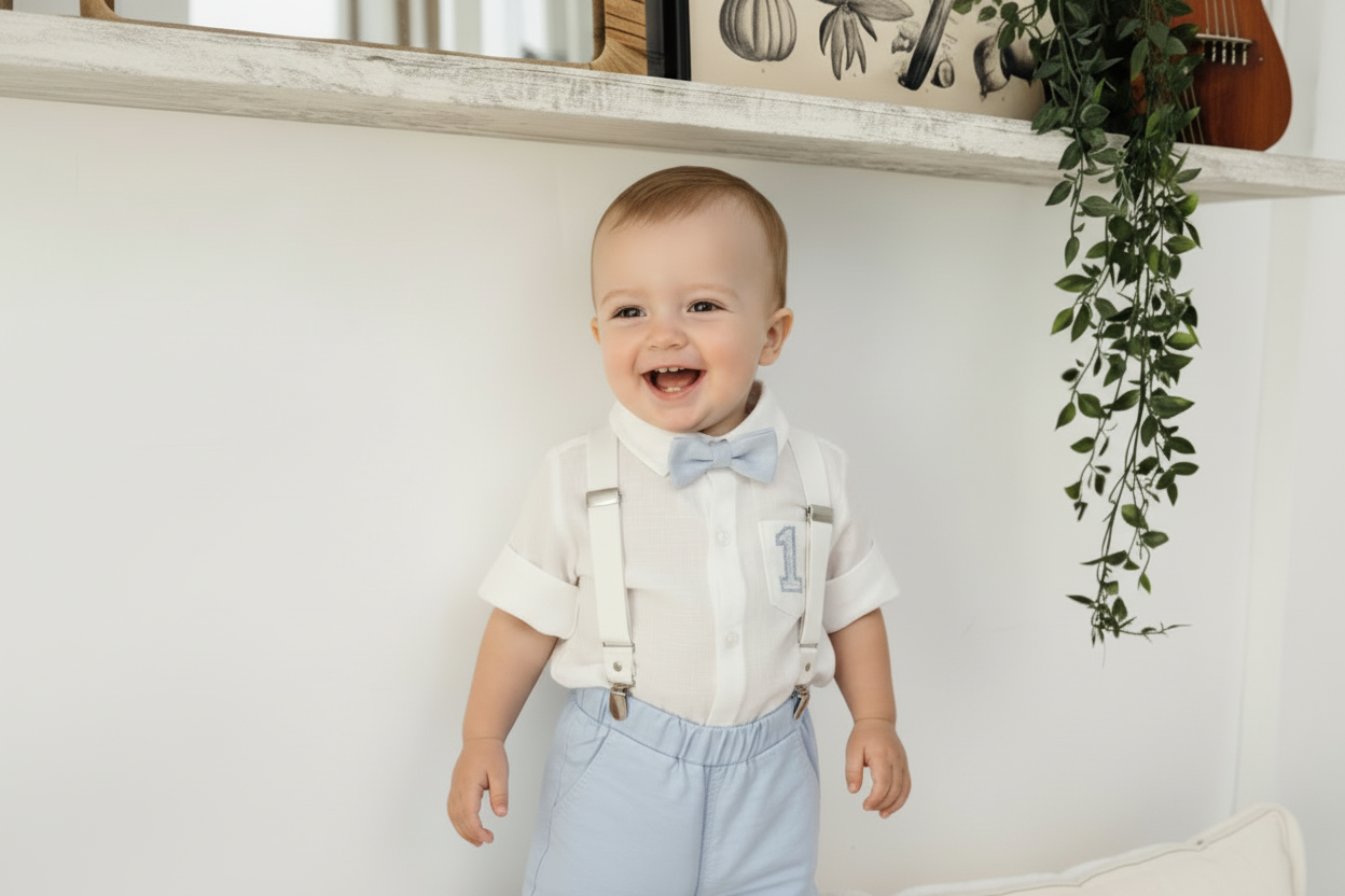 Light Blue summer first birthday set with shorts, shirt, suspenders and bow tie plus optional extras