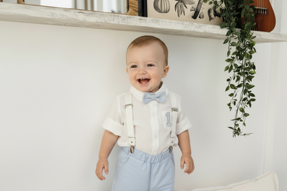 Light Blue summer first birthday set with shorts, shirt, suspenders and bow tie plus optional extras