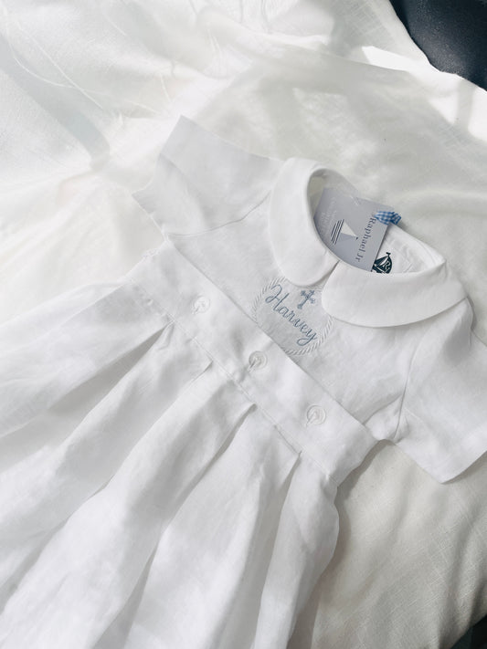 Plain White pure Linen unisex Baptism Gown with detachable skirt dress and optional monogram embroidery