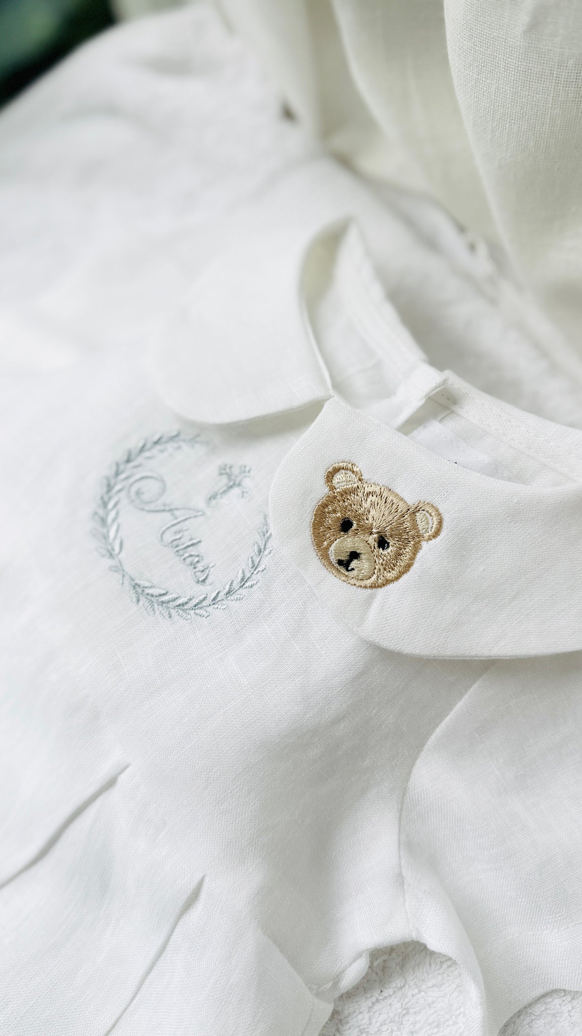 Linen Baptism peter pan collar bubble romper with optional embroidery customisation
