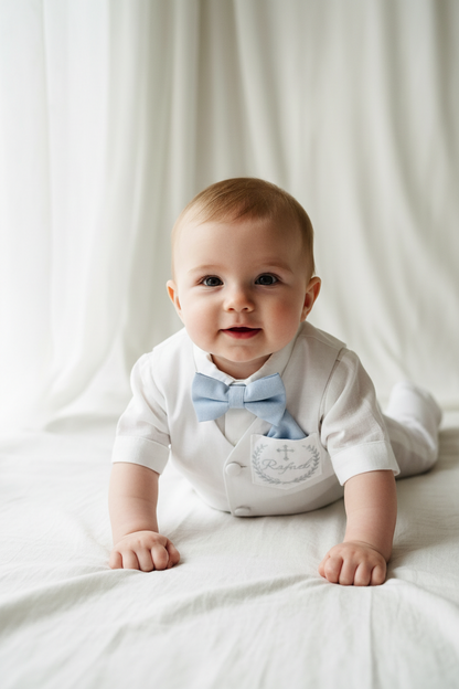 Boys pale blue and white set with vest, pants, linen shirt, bowtie and suspenders, plus optional jacket cap and shoes