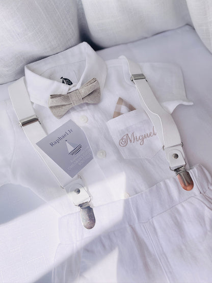 Baby and Toddler Boys white linen baptism outfit with bloomers, shirt, suspenders, bow tie