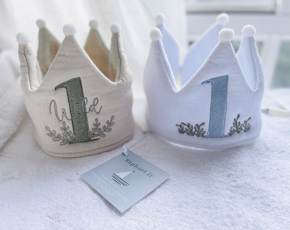 Beige or White First Birthday crown hat with embroidery