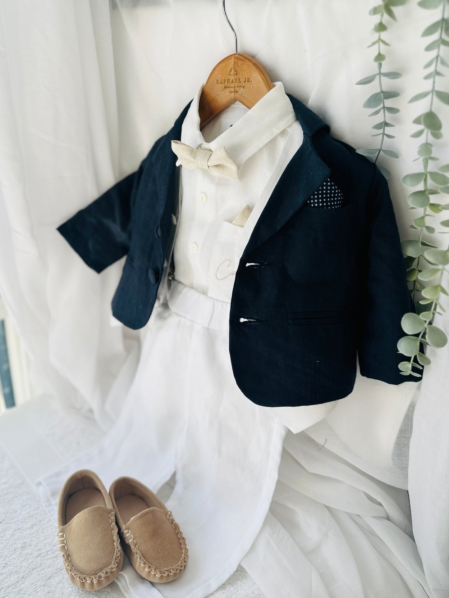Boys white vest with white linen suit and navy jacket set