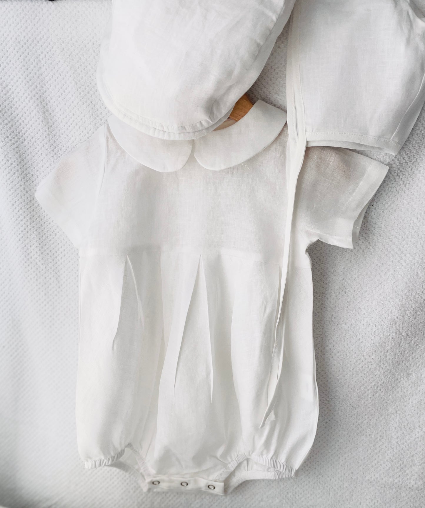 Linen Baptism peter pan collar romper outfit with optional embroidery customisation