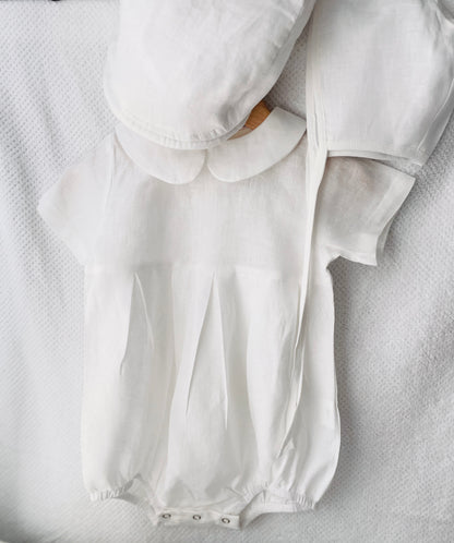 Linen Baptism peter pan collar bubble romper with optional embroidery customisation