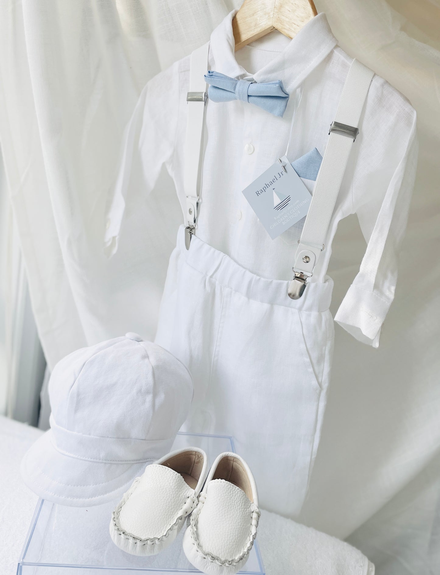 White linen Baptism Suit set with Accessories and optional Embroidery